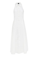 Roam Midi Dress White by Mossman – a cotton midi with collared neckline and A-line skirt. Perfect for everyday styling.