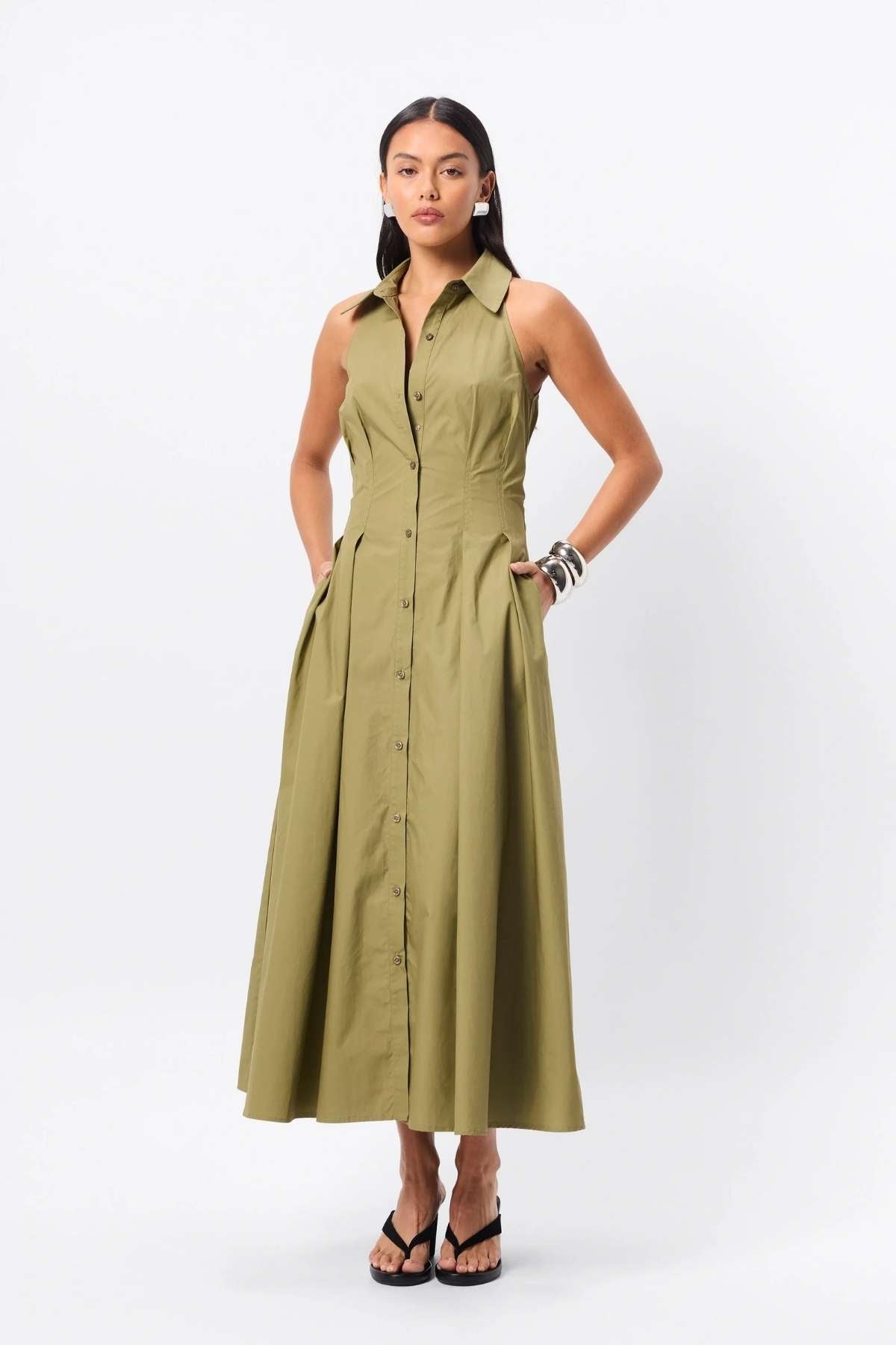 mossman green dress Mossman  Roam Midi Dress A beautiful refined interpretation of your  classic shirt dress crafted from 100% cotton featuring a structured collar  and racer back detail. In a versatile olive shade that