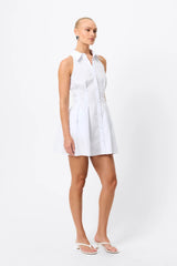 Roam Mini Dress by Mossman, a white cotton racerback shirt dress with collared neckline, button front and tailored mini silhouette.
