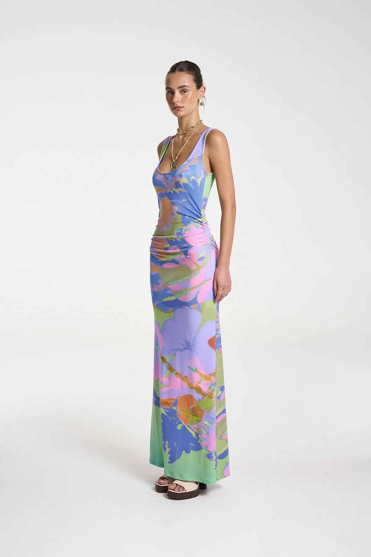 Emma Maxi Dress – Bananas by Summi Summi, a ruched cotton maxi with scoop neck. Perfect for beach days or effortless summer events.