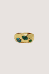 Roberta Ring in Gold by Mountain & Moon, 18K gold plated sculptural band with jade, blue copper turquoise, and malachite stones.