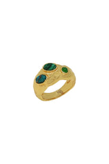 Roberta Ring in Gold by Mountain & Moon, 18K gold plated sculptural band with jade, blue copper turquoise, and malachite stones.