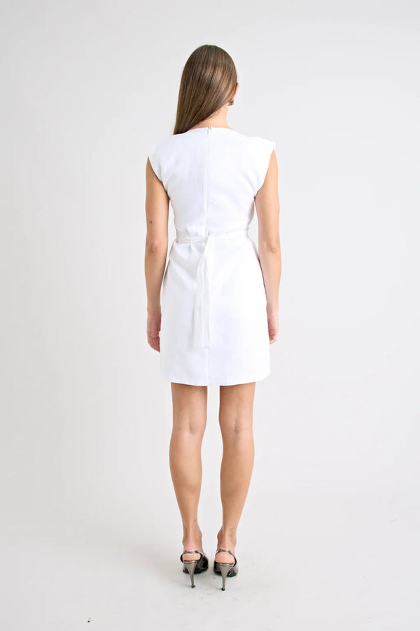 Roberts Mini Dress in Powder by Pfeiffer, versatile mini with a tie neckline and waist for a custom fit, ideal for casual events and nights out.
