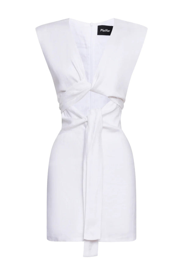 Roberts Mini Dress in Powder by Pfeiffer, versatile mini with a tie neckline and waist for a custom fit, ideal for casual events and nights out.