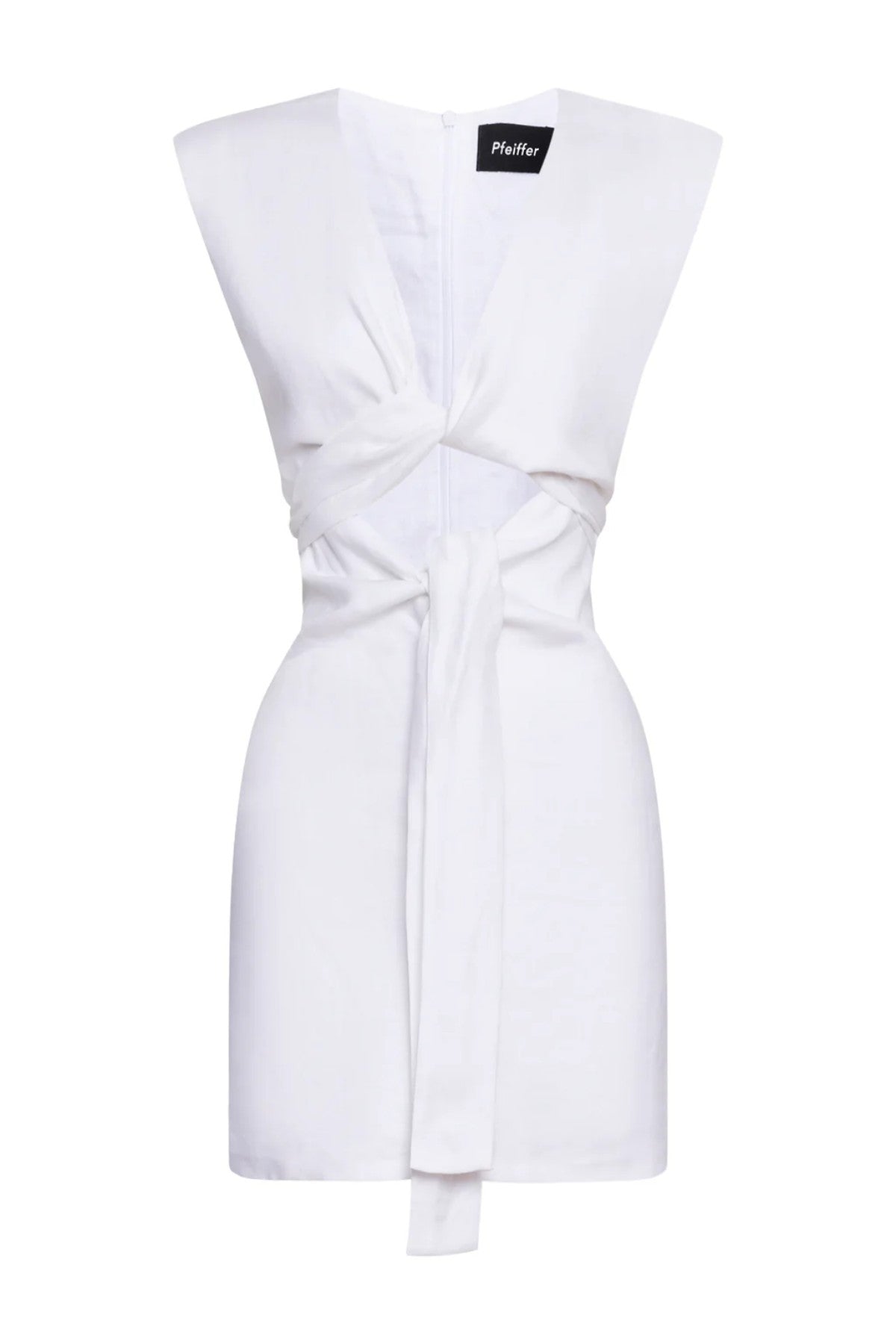 Roberts Mini Dress in Powder by Pfeiffer, versatile mini with a tie neckline and waist for a custom fit, ideal for casual events and nights out.