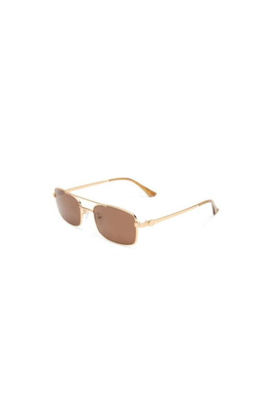 Rocky Gold Sunglasses by Luv Lou – a slim aviator frame with gold finish and brown polarised lenses. Perfect for elevated everyday wear.