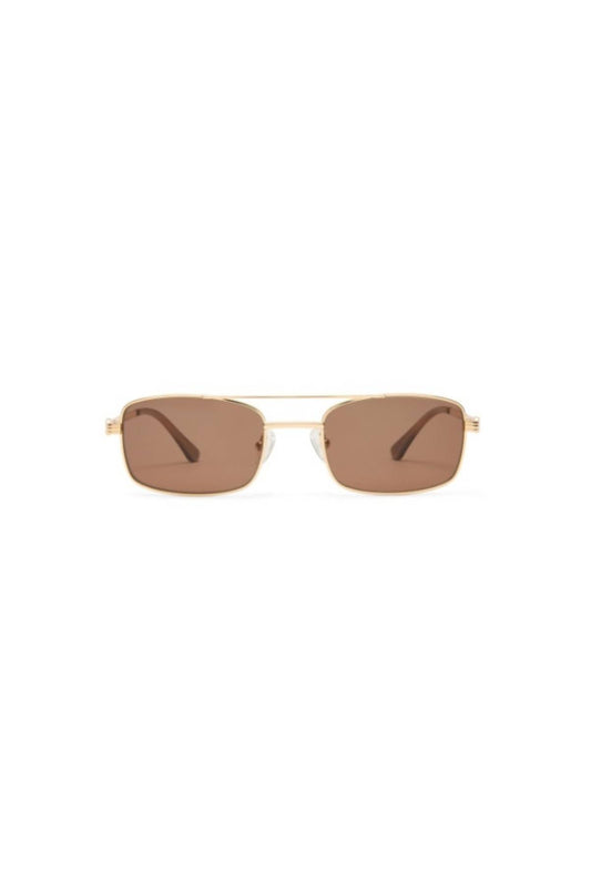 Rocky Gold Sunglasses by Luv Lou – a slim aviator frame with gold finish and brown polarised lenses. Perfect for elevated everyday wear.