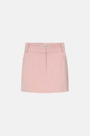 Rode Skirt by Camilla and Marc – a dusty pink tailored mini with a fishtail waistband and resin buckle, perfect for polished day-to-night looks.