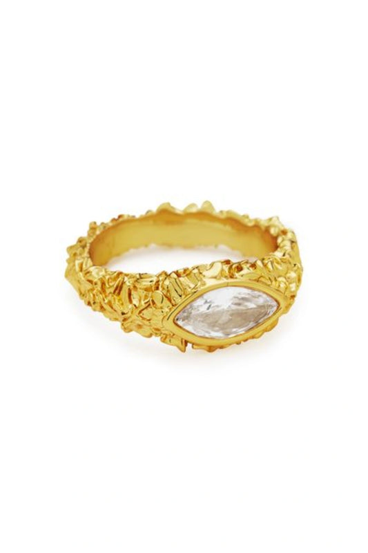 Roma Ring Gold by Amber Sceats, textured gold band with marquise-cut cubic zirconia, a trendy piece perfect for everyday elegance or chic events.