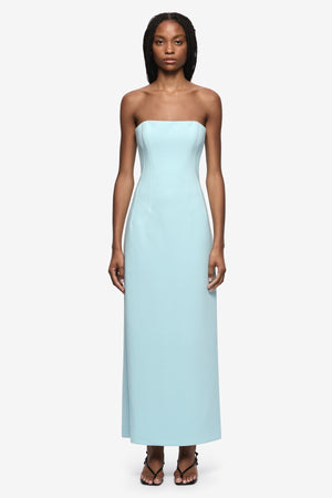 Romee Strapless Maxi Dress Glacier Blue by Bec + Bridge, strapless maxi dress with fitted bodice and clean silhouette. Perfect for events or formal occasions.