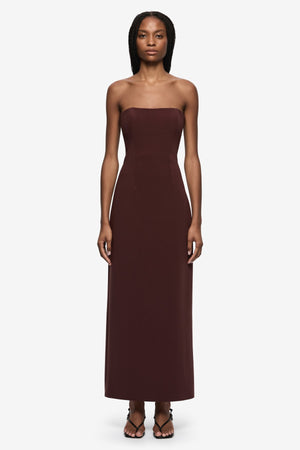 Romee Strapless Maxi Dress Raisin by Bec + Bridge, strapless maxi dress with fitted bodice and clean silhouette. Perfect for events or formal occasions.