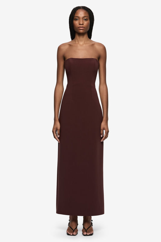 Romee Strapless Maxi Dress Raisin by Bec + Bridge, strapless maxi dress with fitted bodice and clean silhouette. Perfect for events or formal occasions.