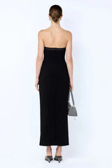 Romee Strapless Midi Dress by Bec + Bridge, a sculpted black silhouette with power-mesh detail. Perfect for formals or prom nights.