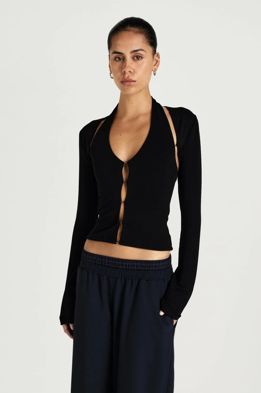 Ronny Top Black by Benni – halter knit top with hook eye closure and detachable bolero for elevated styling.