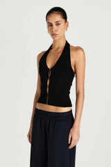 Ronny Top Black by Benni – halter knit top with hook eye closure and detachable bolero for elevated styling.