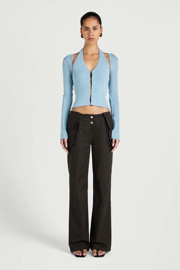 Ronny Top Ice Blue by Benni – halter knit top with hook eye closure and detachable bolero for elevated styling.