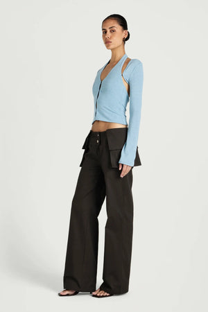 Ronny Top Ice Blue by Benni – halter knit top with hook eye closure and detachable bolero for elevated styling.