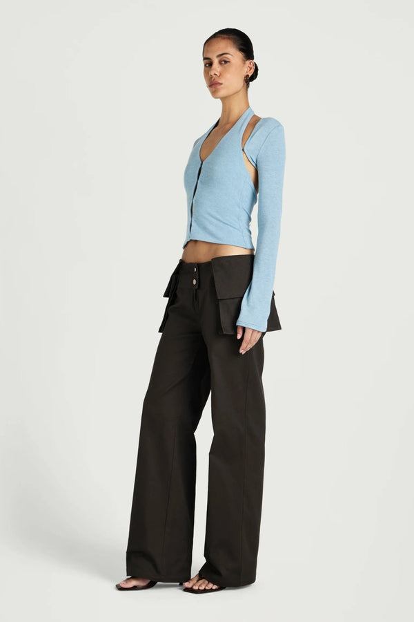 Ronny Top Ice Blue by Benni – halter knit top with hook eye closure and detachable bolero for elevated styling.