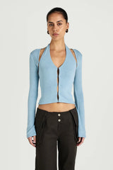 Ronny Top Ice Blue by Benni – halter knit top with hook eye closure and detachable bolero for elevated styling.