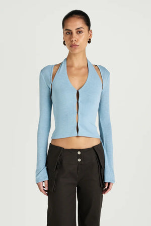 Ronny Top Ice Blue by Benni – halter knit top with hook eye closure and detachable bolero for elevated styling.