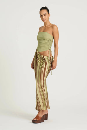 Roscoe Maxi Dress Earth Stripe by Benni, a strapless ruched-bodice maxi with draped chiffon skirt for soft, elegant movement.
