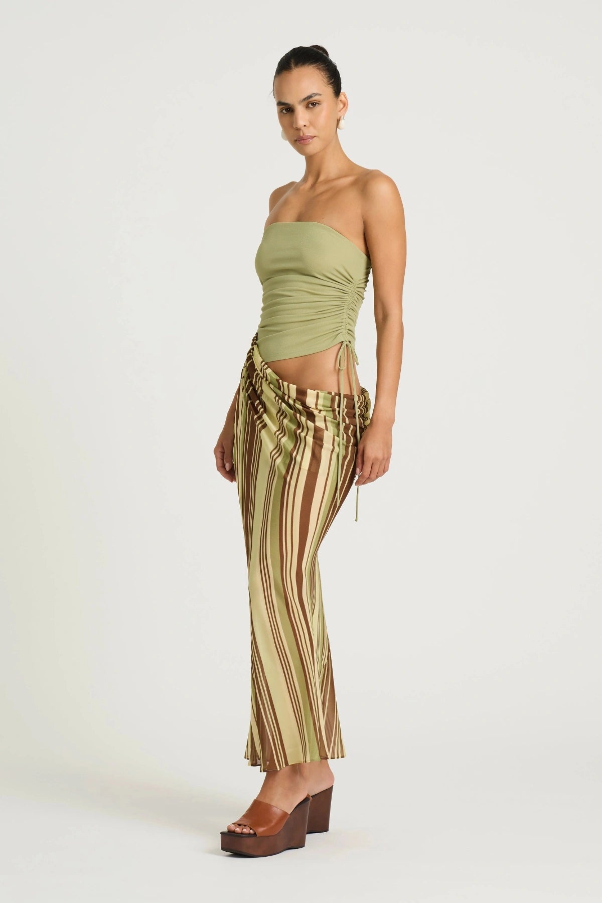 Roscoe Maxi Dress Earth Stripe by Benni, a strapless ruched-bodice maxi with draped chiffon skirt for soft, elegant movement.
