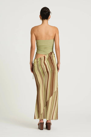 Roscoe Maxi Dress Earth Stripe by Benni, a strapless ruched-bodice maxi with draped chiffon skirt for soft, elegant movement.
