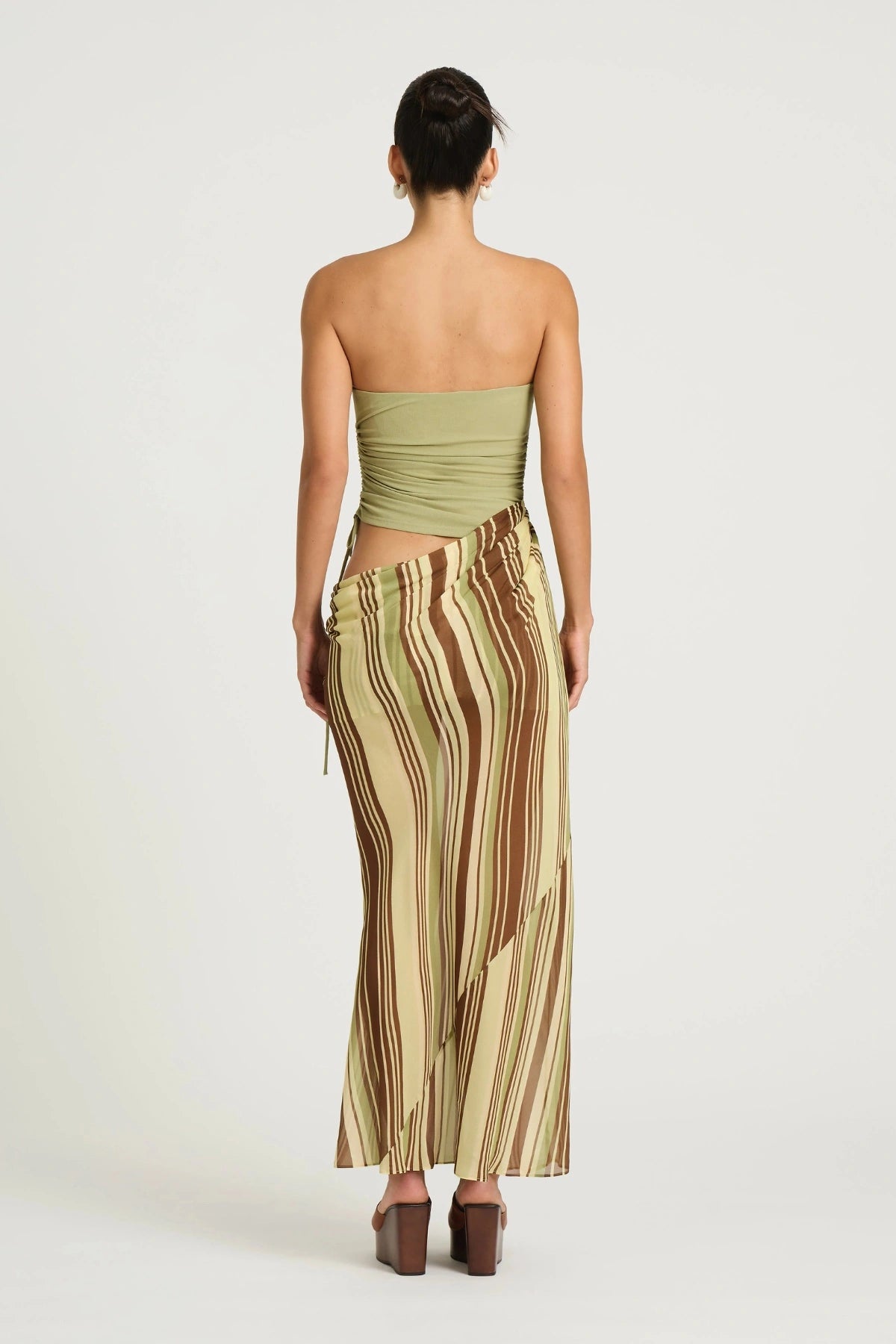 Roscoe Maxi Dress Earth Stripe by Benni, a strapless ruched-bodice maxi with draped chiffon skirt for soft, elegant movement.
