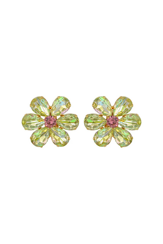 Roseanne Earrings by Mayol, gold-plated brass clip-ons adorned with Preciosa crystals. Handmade in Greece for timeless elegance.