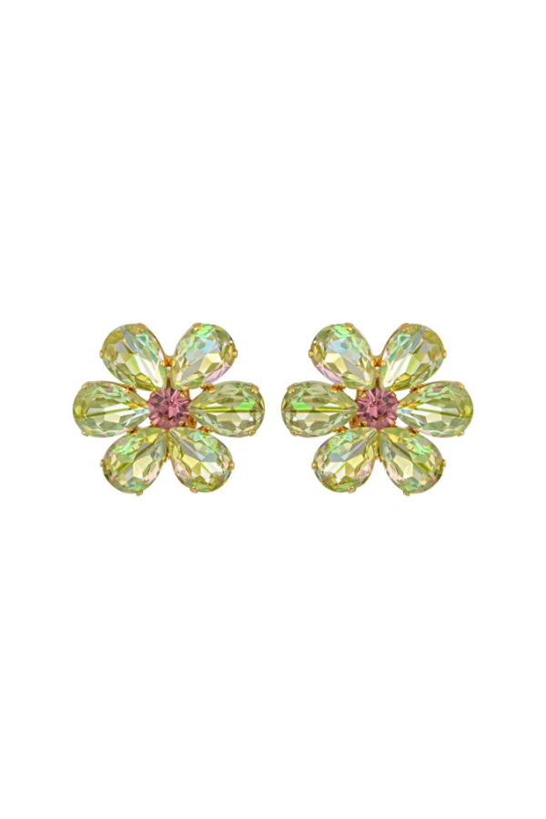 Roseanne Earrings by Mayol, gold-plated brass clip-ons adorned with Preciosa crystals. Handmade in Greece for timeless elegance.