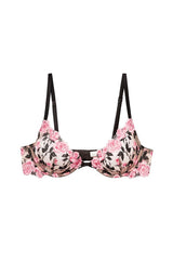 Roses and Thorns Demi Bra Black by Fleur Du Mal, sheer bra with rose embroidery and scalloped cups. Perfect for lingerie sets or special occasions.
