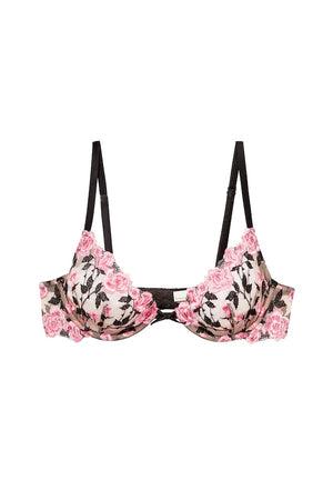 Roses and Thorns Demi Bra Black by Fleur Du Mal, sheer bra with rose embroidery and scalloped cups. Perfect for lingerie sets or special occasions.