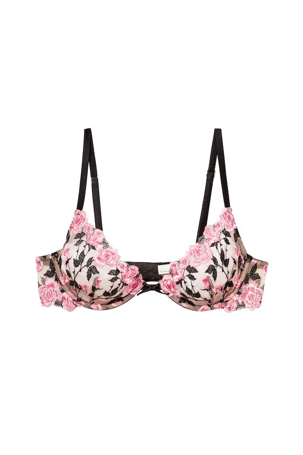 Roses and Thorns Demi Bra Black by Fleur Du Mal, sheer bra with rose embroidery and scalloped cups. Perfect for lingerie sets or special occasions.