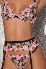 Roses and Thorns Demi Bra Black by Fleur Du Mal, sheer bra with rose embroidery and scalloped cups. Perfect for lingerie sets or special occasions.