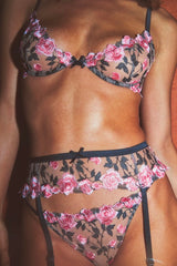 Roses and Thorns Demi Bra Black by Fleur Du Mal, sheer bra with rose embroidery and scalloped cups. Perfect for lingerie sets or special occasions.