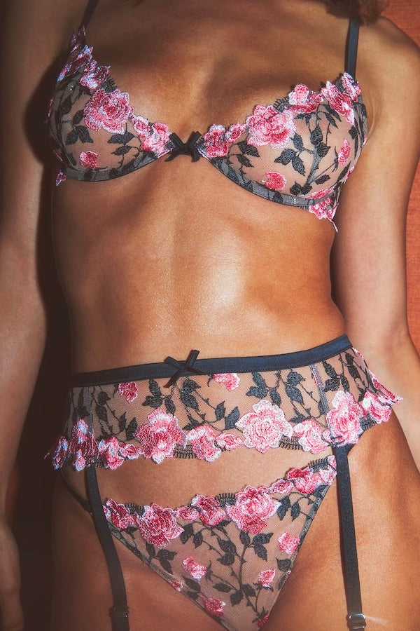 Roses and Thorns Demi Bra Black by Fleur Du Mal, sheer bra with rose embroidery and scalloped cups. Perfect for lingerie sets or special occasions.