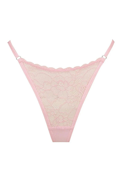 Rosie Thong Baby Pink by Kat The Label - high cut lace thong with mesh back and adjustable waistband, perfect for romantic everyday lingerie.