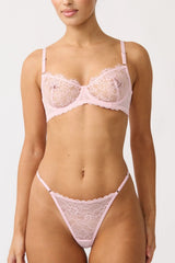 Rosie Thong Baby Pink by Kat The Label - high cut lace thong with mesh back and adjustable waistband, perfect for romantic everyday lingerie.