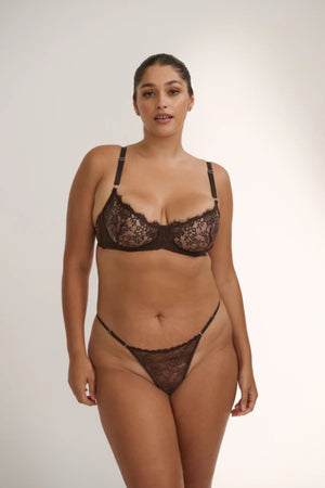 Rosie Thong Espresso by Kat the Label, high-cut stretch lace design with mesh back and adjustable waistband for a romantic minimalist look.