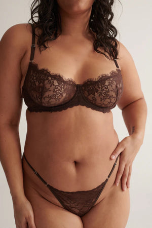 Rosie Thong Espresso by Kat the Label, high-cut stretch lace design with mesh back and adjustable waistband for a romantic minimalist look.