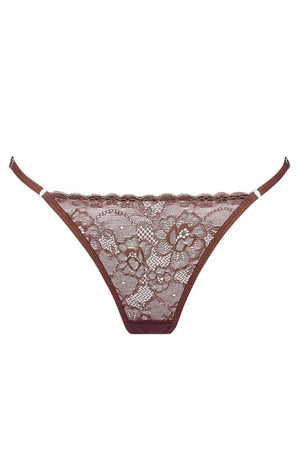 Rosie Thong Espresso by Kat the Label, high-cut stretch lace design with mesh back and adjustable waistband for a romantic minimalist look.