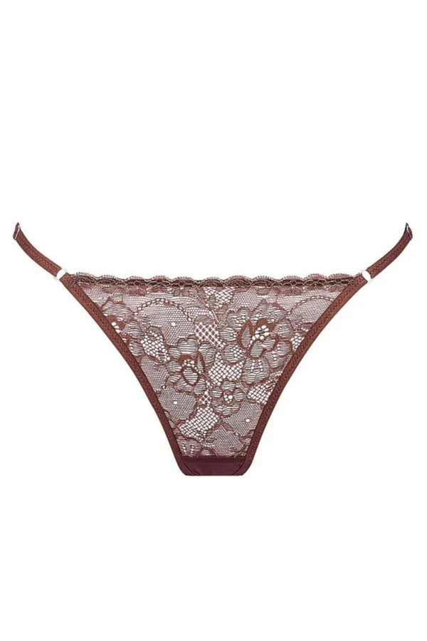 Rosie Thong Espresso by Kat the Label, high-cut stretch lace design with mesh back and adjustable waistband for a romantic minimalist look.