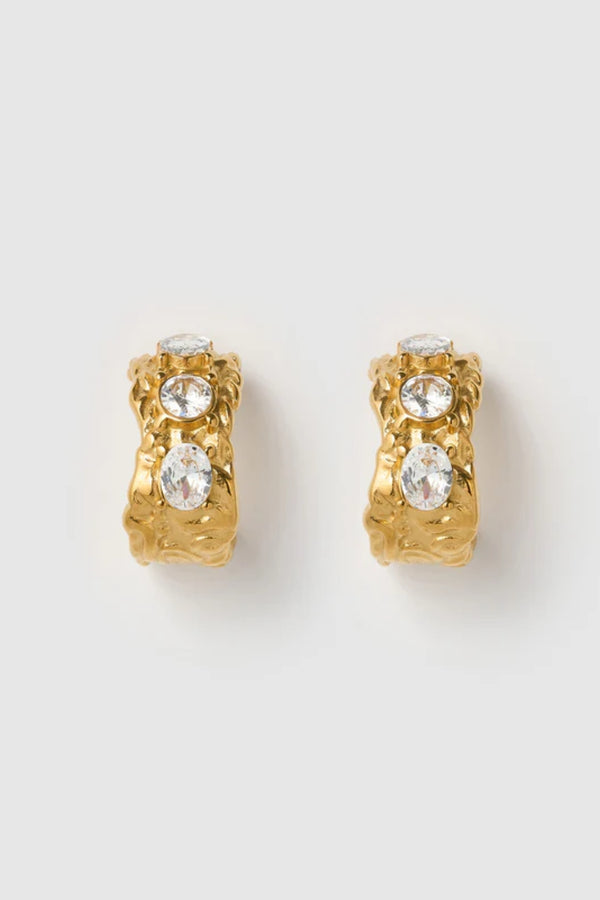 Roxy Gold Earrings by Arms of Eve, bold hoop design featuring three sparkling zircon stones for an elegant, statement-making evening look.