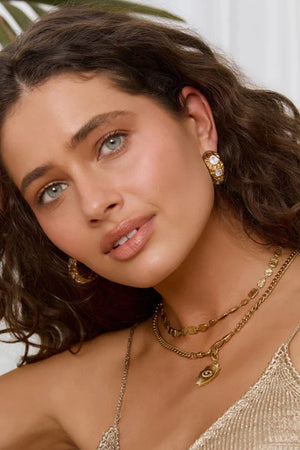 Roxy Gold Earrings by Arms of Eve, bold hoop design featuring three sparkling zircon stones for an elegant, statement-making evening look