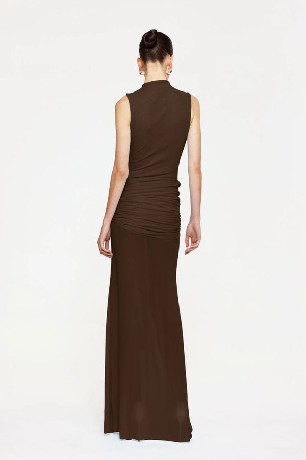 Roza Maxi Dress in Chocolate by Effie Kats, sophisticated high-neck dress with a twisted drape and sheer skirt, perfect for making a refined statement at formal events or elevated evenings.