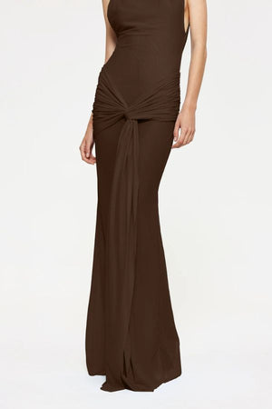 Roza Maxi Dress in Chocolate by Effie Kats, sophisticated high-neck dress with a twisted drape and sheer skirt, perfect for making a refined statement at formal events or elevated evenings.