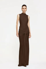 Roza Maxi Dress in Chocolate by Effie Kats, sophisticated high-neck dress with a twisted drape and sheer skirt, perfect for making a refined statement at formal events or elevated evenings.