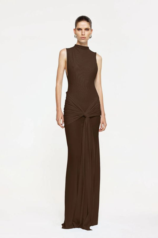 Roza Maxi Dress in Chocolate by Effie Kats, sophisticated high-neck dress with a twisted drape and sheer skirt, perfect for making a refined statement at formal events or elevated evenings.