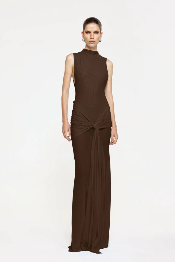 Roza Maxi Dress in Chocolate by Effie Kats, sophisticated high-neck dress with a twisted drape and sheer skirt, perfect for making a refined statement at formal events or elevated evenings.