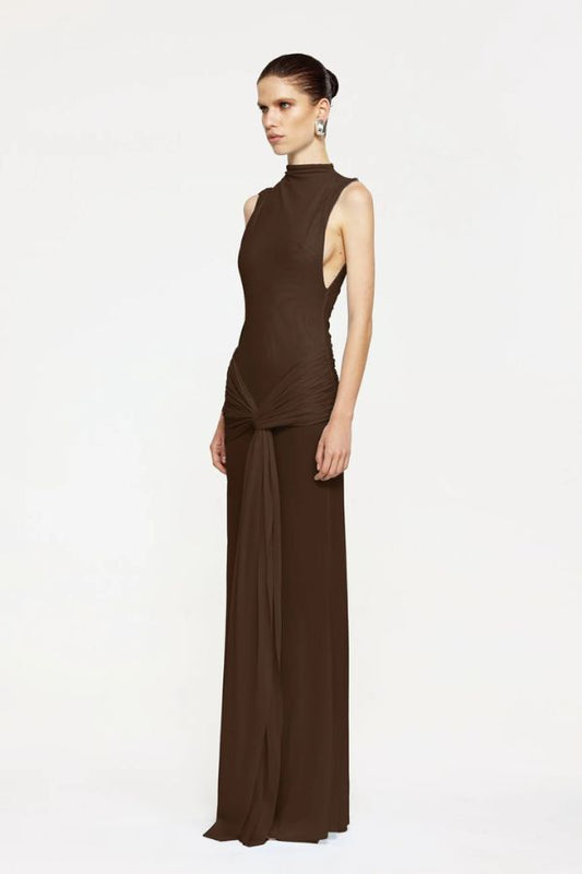 Roza Maxi Dress in Chocolate by Effie Kats, sophisticated high-neck dress with a twisted drape and sheer skirt, perfect for making a refined statement at formal events or elevated evenings.